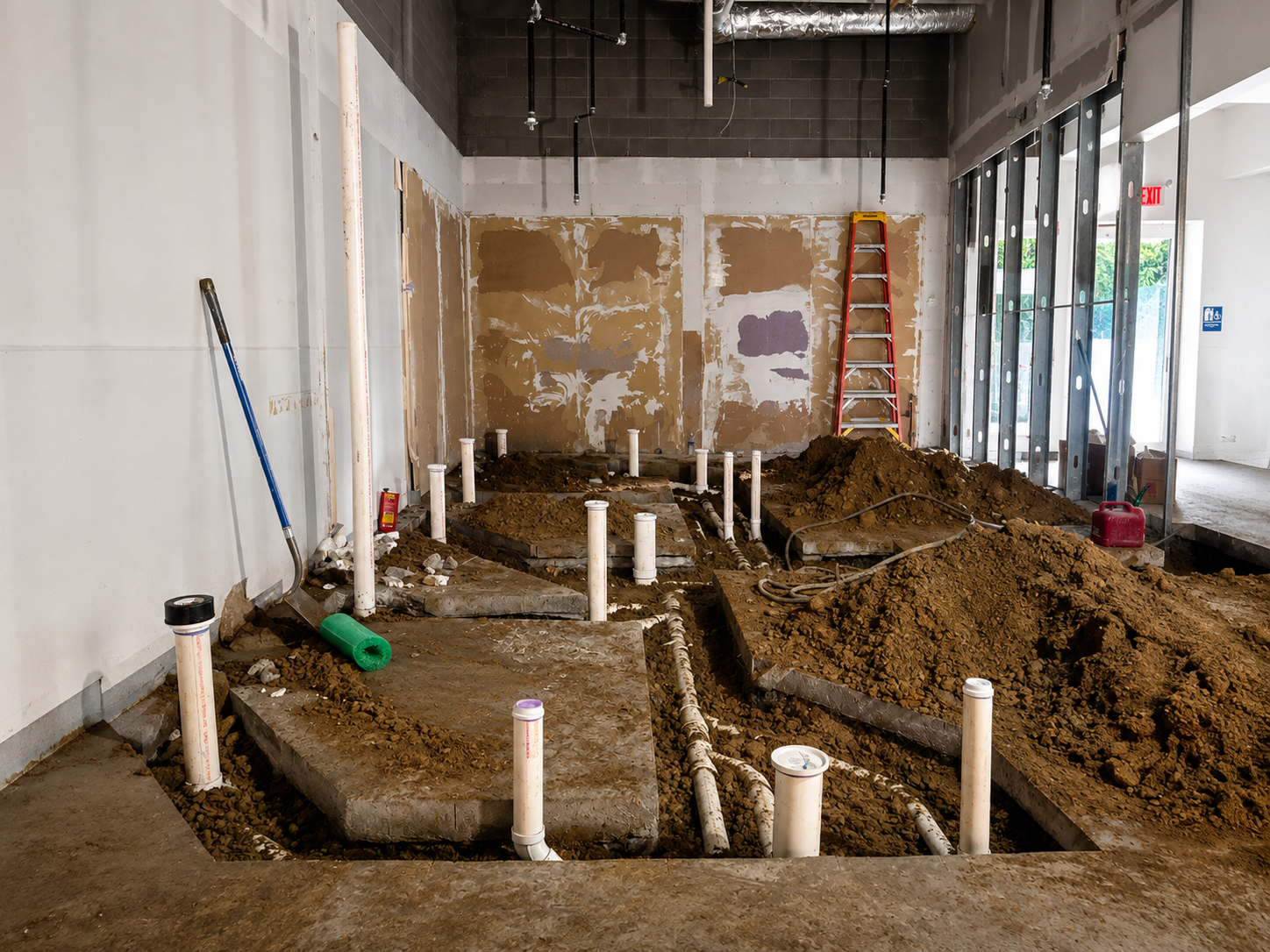 Underground sanitary and waste rough-in with PVC stubs at Dill Dinkers Pickleball renovation, Winston-Salem NC