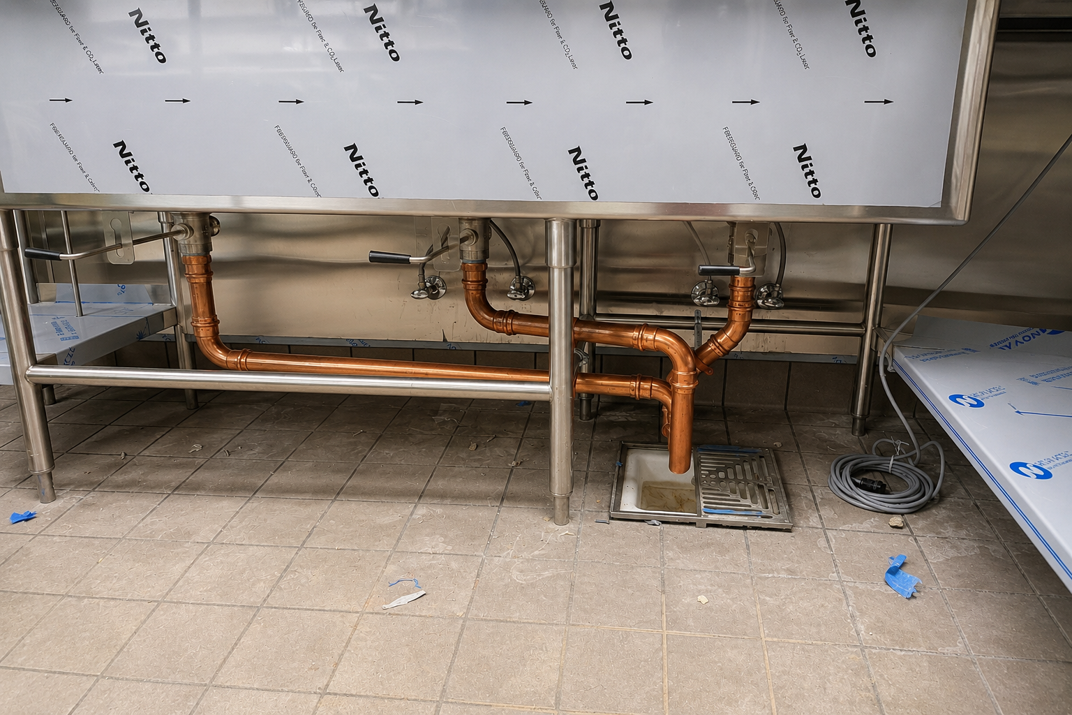 Commercial kitchen copper supply lines and floor drain connections under stainless prep tables at Olive Garden Selma NC
